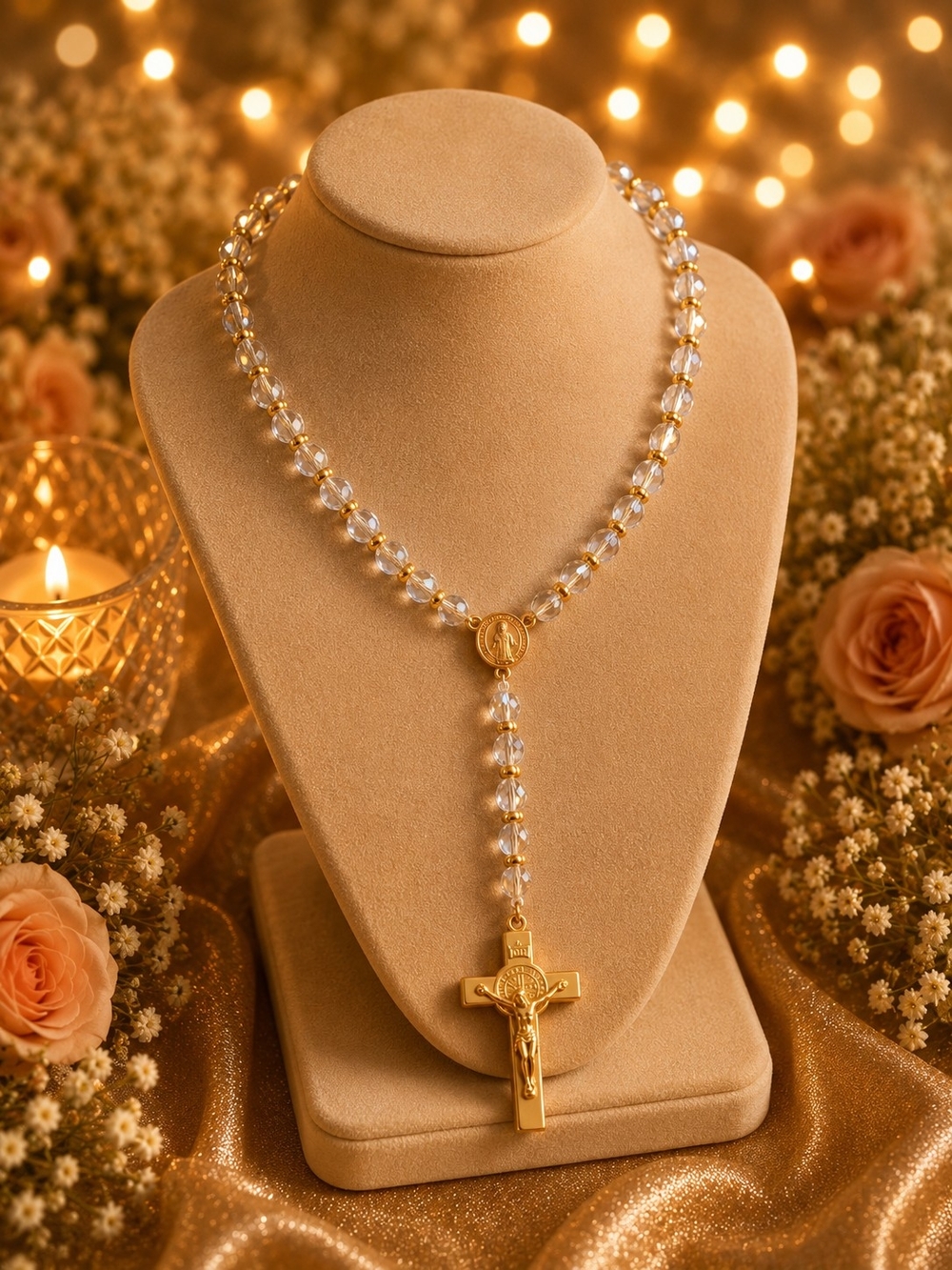 Gold-Tone Crystal Rosary Necklace
